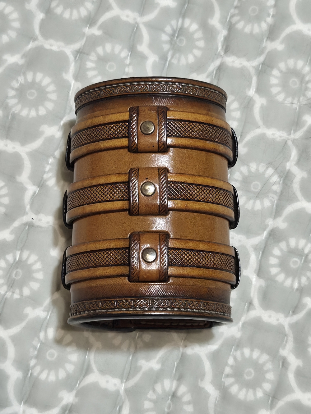 Handcrafted Wide Tan Leather Cuff With Embossed Straps